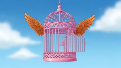 Pink birdcage with golden wings