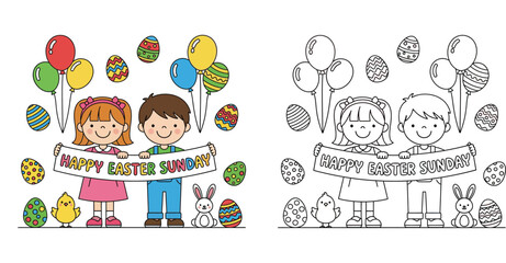 Obraz premium Cute children holding Happy Easter Sunday banner with eggs, bunny, and chick. Vector cartoon illustration with coloring page outline for kids activity book.