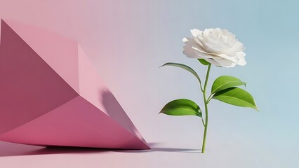 Single white rose on pink background