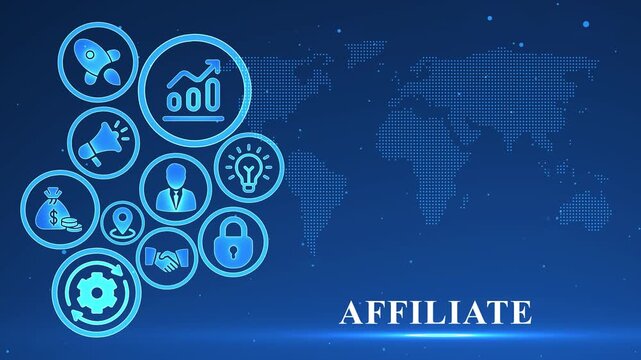Affiliate Marketing Concepts Illustrated with Blue Icons and World Map Background business strategy