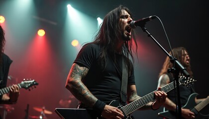 Heavy metal band performs on stage under colorful lights. Musicians play electric guitars and sing into microphones. Energetic live concert atmosphere, audience enjoys loud rock music performance.