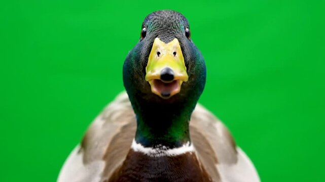 Frontal close-up of a mallard duck quacking repeatedly against a solid green background, showing its open beak