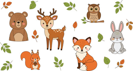 Large set of cute forest animals and autumn leaves, including bear, deer, owl, fox, squirrel, bunny, for children nursery decor.