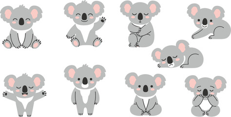 Fototapeta premium Cute Koala Cartoon Character Set with Various Gray Bear Poses Including Waving Sleeping and Sitting for Australian Wildlife Nursery Decor and Kids Sticker Designs