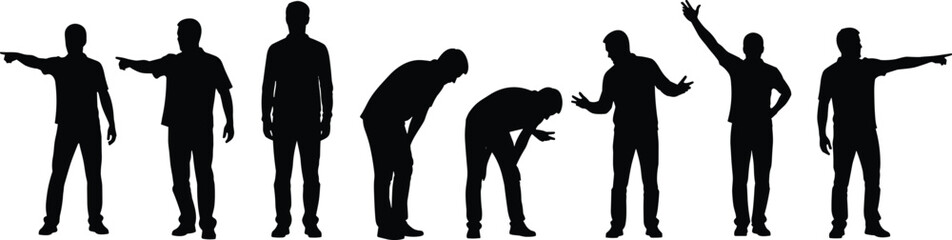 Collection of male human silhouettes in different standing poses, gestures and body language isolated on white background, concept for communication, teamwork, behavior and motion design