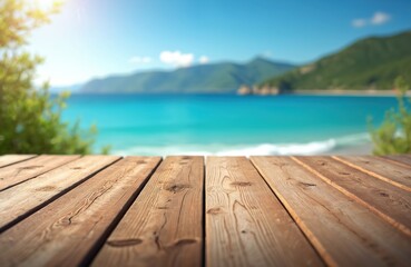 Fototapeta premium Wooden planks foreground ocean beach background. Sunny day clear blue sky green hills over turquoise sea waves. Empty space for product placement.