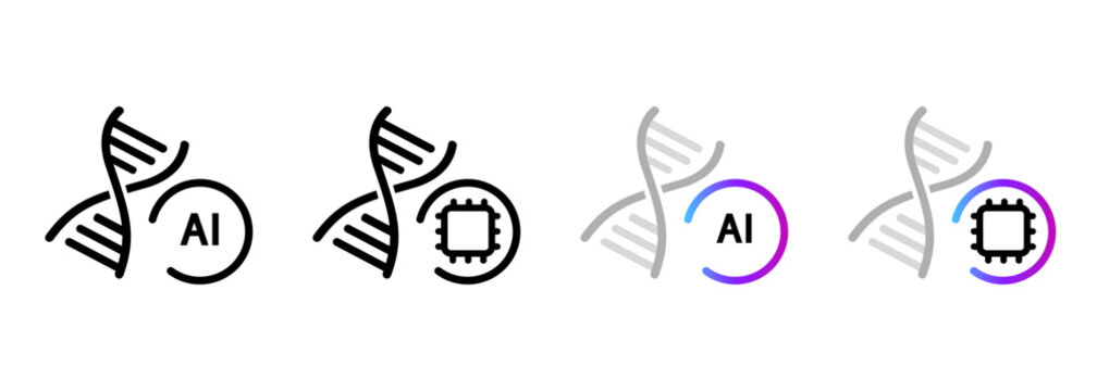 AI DNA genetics icon set with artificial intelligence biotechnology research biological engineering health technology