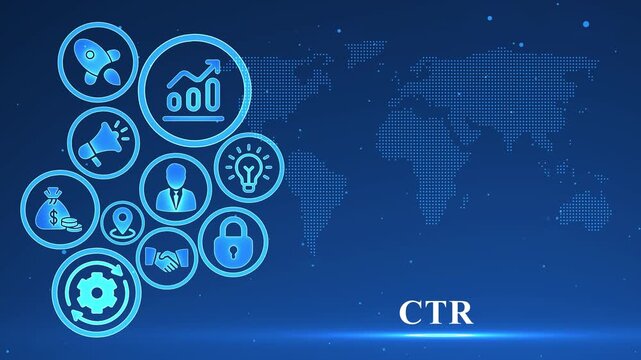 Digital Marketing Icons and World Map with CTR Text on Blue Background click through rate