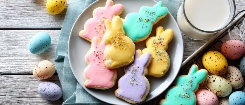 Colorful easter cookies shaped like bunnies and eggs are on a plate with milk, placed on a wooden tabletop with an easter background