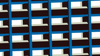 Empty frames and blue windows on urban building facade