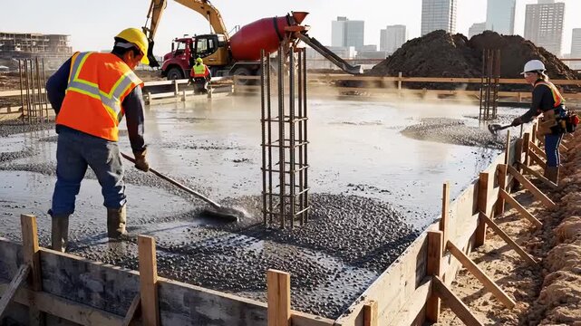 Construction workers pour concrete into a foundation formwork at a sunny outdoor building site with machinery in the background.