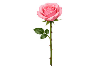 Pink rose blooming with green leaves and thorny stem, symbolizing love and romance on transparent background