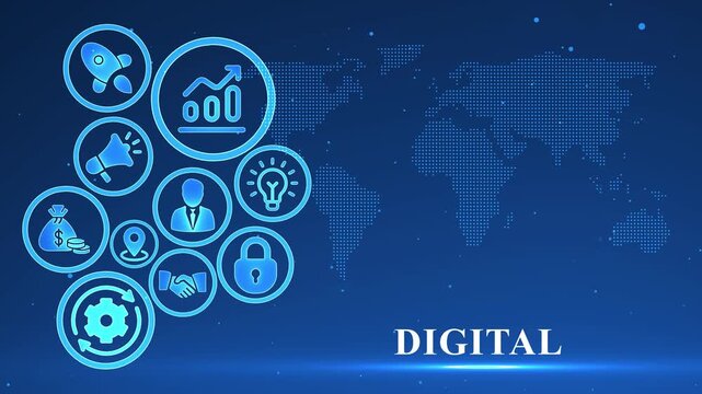 Digital Marketing Icons and World Map with DIGITAL Text on Blue Background strategy