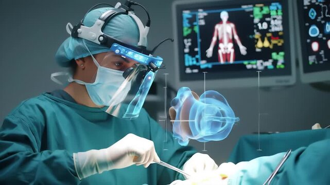 A surgeon wears advanced headgear and uses surgical tools while an AR interface displays a holographic model of a bone joint, aided by monitoring equipment.