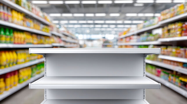 Empty store shelves ready for items, product placement, shopping.