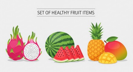 Fresh Tropical Fruits: An appetizing arrangement of vibrant, exotic fruits promises a burst of flavor and health, perfect for showcasing nature's delicious bounty.