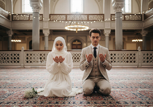 Muslim couple in wedding attire performing dua prayer inside a mosque during nikah ceremony
