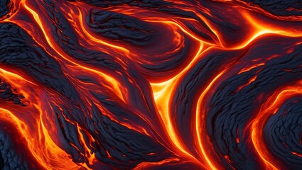Closeup abstract texture of flowing molten lava with fiery glowing orange highlights and dark hardened rock formations