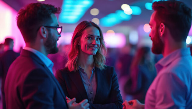 Three professionals talk at a tech event. They smile and under bright neon lights, discussing ideas. The atmosphere is lively and modern, full of energy and collaboration.