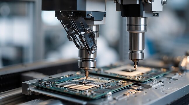 Robotic arm placing microchip on circuit board in modern electronic factory. Automated assembly line for hi tech industry.