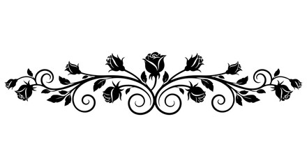 Elegant black floral divider with stylized rose and vine motif, perfect for ornamental decorative design elements and vintage-inspired borders