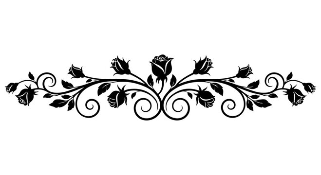 Elegant black floral divider with stylized rose and vine motif, perfect for ornamental decorative design elements and vintage-inspired borders