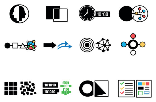 Design and System Duality Principles in flat style: positive negative space, filled outline shapes, black white palette, analog digital icons, simplicity. Vector icons
