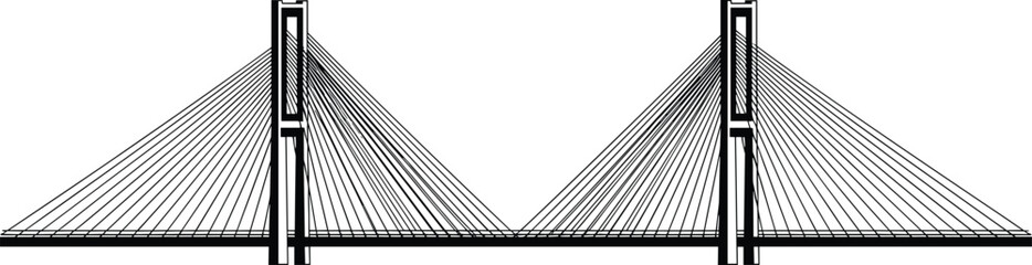 Fototapeta premium Black and white vector illustration of a modern cable stayed bridge with two tall pylons and suspension cables for urban infrastructure and civil engineering designs