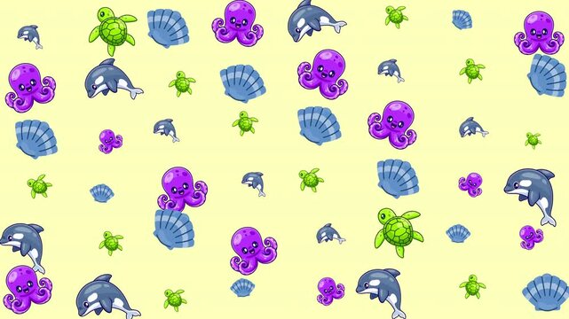Pattern of sea creatures perfect for summer designs with turtles, octopuses, dolphins, and starfish motifs. Ideal for marinethemed projects.