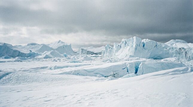 Vast glacial landscape stretches toward towering blue ice formations beneath a heavily clouded and dramatic polar sky creating a scene of extreme cold.