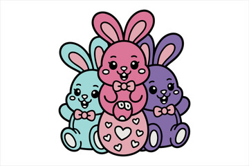 Bunny Coquette Bow, Easter Bunny, Cute cartoon three bunnies holding Easter egg with hearts, vector illustration of happy colorful rabbits friends for spring holiday design
