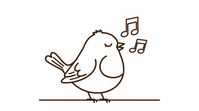 Joyful Melody: Adorable minimalist line drawing of a small songbird perched and singing a tune, ideal for children's content, educational materials, and cheerful branding.