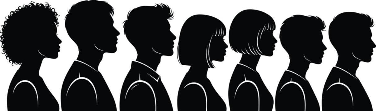 Diverse group of people head profile silhouettes, side view male and female faces, community social gathering, isolated white background vector,