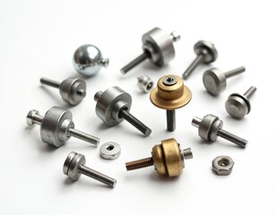 Group of metal industrial anchor pins, rollers, brass, with threaded bolts. Hardware for machinery, mechanical parts, fasteners used in manufacturing, repair workshops. Shiny steel components