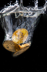 Bitcoin gold coins falling into the water. Splash of gold  crypto coins