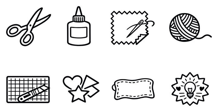 Crafting and handmade creation in outline style: scissors, glue bottle, fabric swatch, yarn ball, cutting mat, paper shapes, handmade label, creativity badge. Vector icons