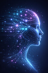 Futuristic silhouette of a human head profile with digital glowing circuit lines representing artificial intelligence and advanced neural connectivity