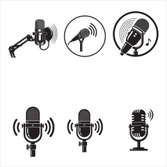 Collection of diverse vintage and modern microphones on stands and boom arms isolated on transparent background © Shamima