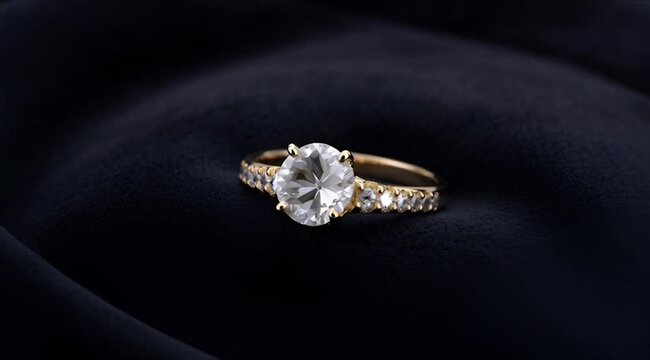 Valentines day elegant gold ring with a large diamond on a dark background, showcasing luxury jewelry