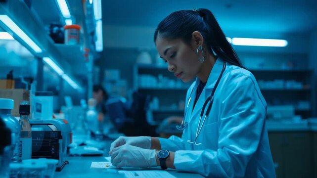 Prepping Asian female lab tech labeling vials at lab bench for tests, lab coat, stethoscope, gloves