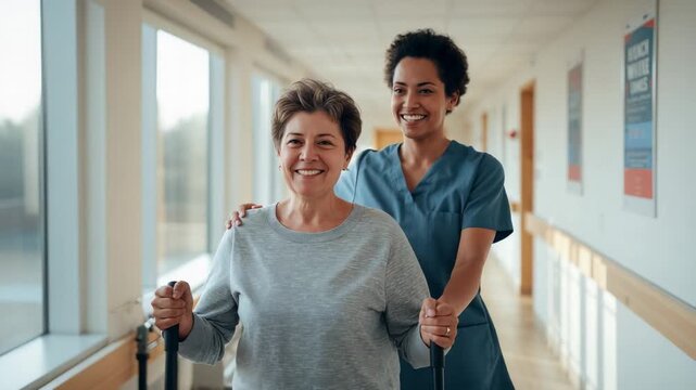 Walking senior patient gripping black poles on caregiver cue, guiding down rehab corridor, scrubs