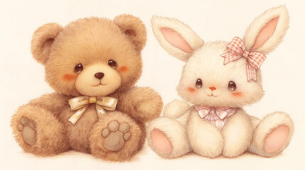Luxury cute illustration of teddy bear and bunny, refined colored pencil style, calm cozy atmosphere, clean background