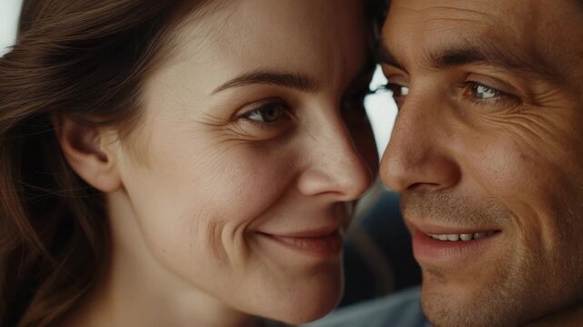 Leaning woman moving closer while man smiling, gazing in car cabin, collared shirt, sharing love