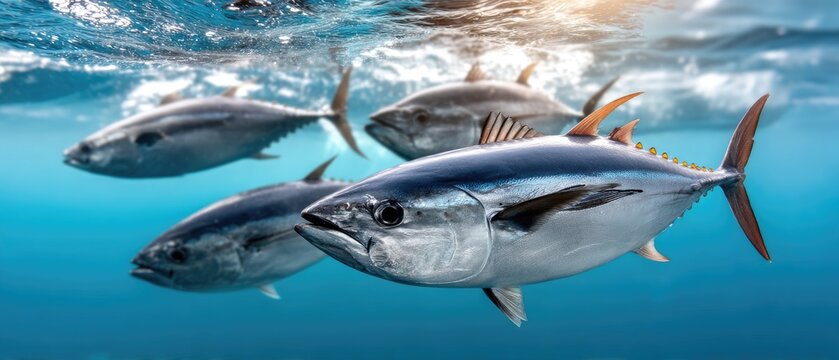 Close-up view of a school of tuna fish swimming in dark blue water with giant blacktail trevally and silver kingfish in focus