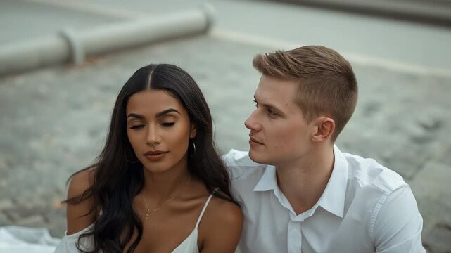 Filming couple sitting close on gravel rooftop, man adjusting gaze, posing in white dress and shirt