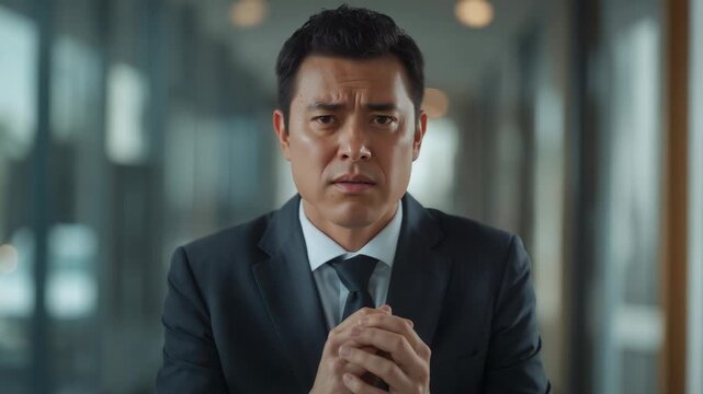 Raising head after pause, businessman gathering composure in glass corridor, wearing suit watch