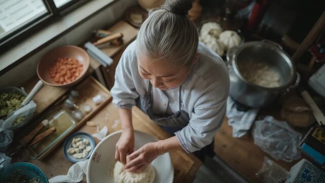 Leaning over bowl, senior woman pressing and shaping dough on counter for cooking, in apron
