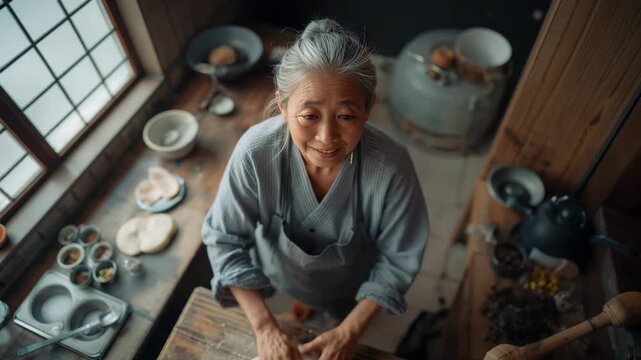 Pressing hands senior Asian woman folding dough on wooden table for home cooking, with bowls, apron