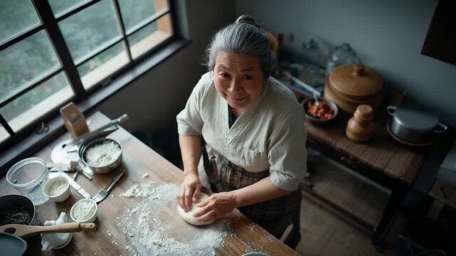 Pressing, folding senior woman shaping dough for baking at wooden table by window, wearing apron