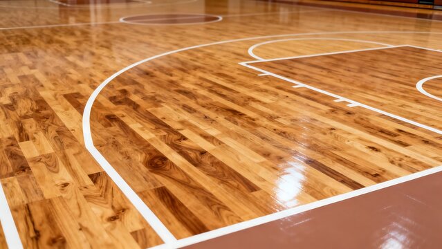 A close-up view of a brown, wood-patterned basketball court.